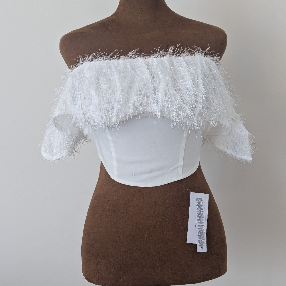 NWT SET ASOS Design Feather Trim Corset Crop Top & Diamante Mesh Flare Pant 6 US - Picture 8 of 11